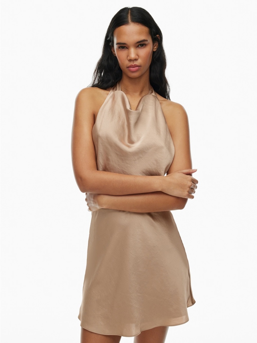 Wilfred NWT Feya Satin Dress Mini Halter Lined Bias Cut Drape Elegant Aritzia